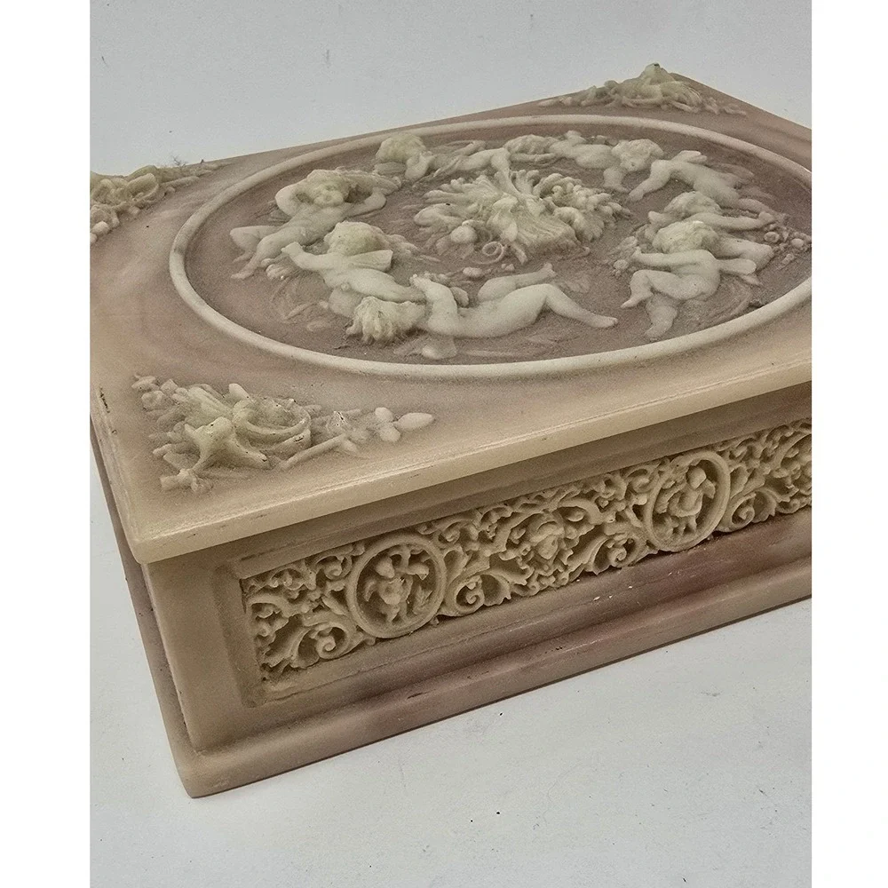 Vtg Incolay stone jewelry box Victorian cherub carved Neoclassical Romantic